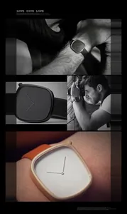 Vistas detalladas de un reloj de cuarzo minimalista con forma de guijarro y correa de cuero