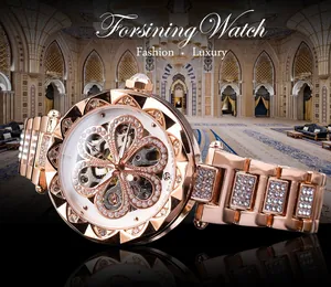 Forsining women's automatic mechanical watch with skeleton flower dial and rose gold
