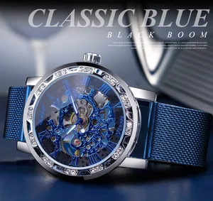 Close-up detail of Winner men's blue skeleton mechanical watch with rhinestone bezel