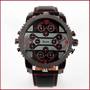 Close-up of Oulm multi-dial men's quartz watch with black leather strap and red stitching