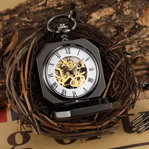 Retro skeleton mechanical pocket watch with octagonal flip cover and Roman numerals scale