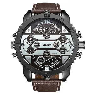 Oulm Men Quartz Watch HP3233 Casual Fashion Large Dial Wristwatch With Four Time Zones Leather Strap Alloy Case Unique Designer Watch
