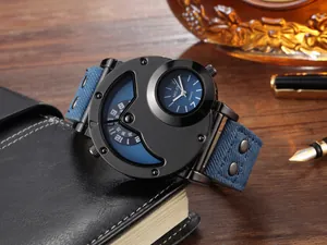 Reloj de cuarzo para hombre con esfera doble asimétrica y correa de tela vaquera azul