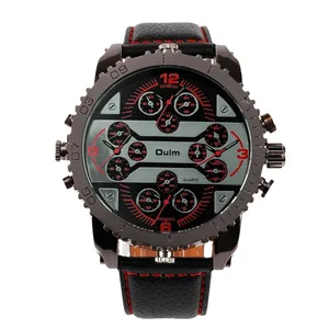 Oulm HP3233 Men's Quartz Watch featuring World Time Dial and Black Leather Strap