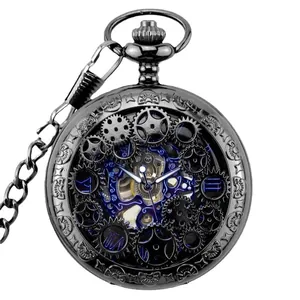 Reloj de bolsillo mecánico vintage negro con diseño de engranajes steampunk