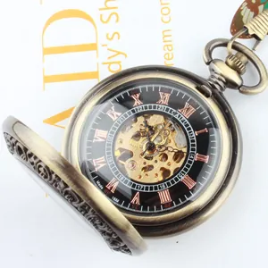 Detailed macro view of vintage skeleton mechanical pocket watch with bronze finish