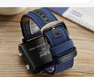 Macro view of Oulm men's watch blue canvas strap and stainless steel back