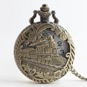 Classic vintage bronze hollow pocket watch with steam train engraving and quartz movement