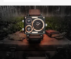 Detail of Oulm multi-timezone square men's quartz watch on a vintage leather case.