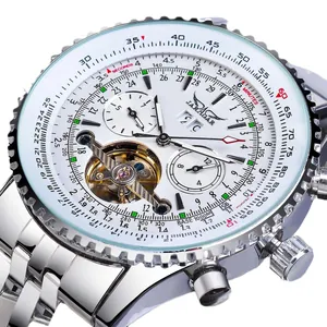 Jaragar Luxus Automatik Mechanische Uhr mit silbernem Tourbillon-Skelettzifferblatt