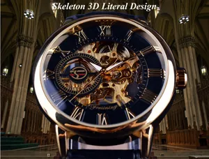 Dettaglio macro dell'orologio meccanico Forsining skeleton con numeri romani dorati