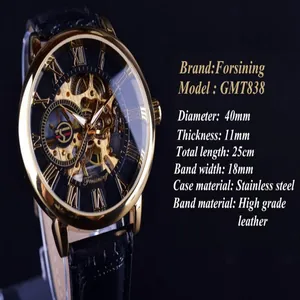 Vista dettagliata dell'orologio meccanico scheletrato Forsining oro con cinturino