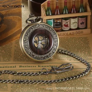 Retro luxury skeleton mechanical pocket watch with wood ring and bronze chain links
