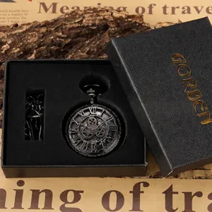 Montre à gousset mécanique noire avec design squelette et chiffres romains en boîte cadeau