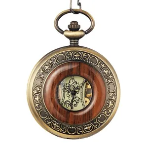 Vintage luxury manual mechanical skeleton pocket watch with wood ring and bronze casing