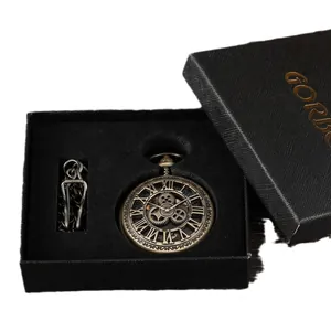 Montre à gousset mécanique rétro avec cadran squelette rouage et élégante boîte cadeau