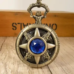 Detalle de un reloj de bolsillo vintage de bronce con una circonita azul en forma de estrella