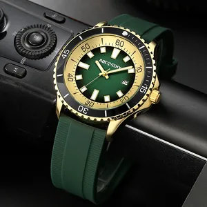 Luxury AOCASDIY men's wristwatch with green dial, gold case and silicone strap