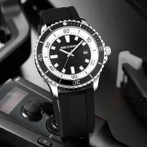 AOCASDIY men's minimalist watch with black silicone strap and rotating diver style bezel.
