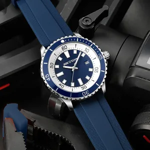 AOCASDIY men's navy blue silicone strap sports watch with silver stainless steel case