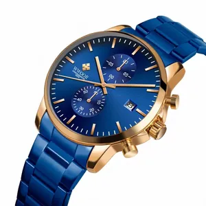 WWOOR heren chronograaf horloge met blauwe wijzerplaat, roségouden kast en blauwe stalen band