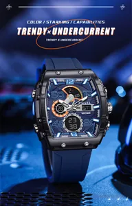 Detailansicht der SMAEL Tonneau-Sportuhr mit Dual-Display und blauem Armband