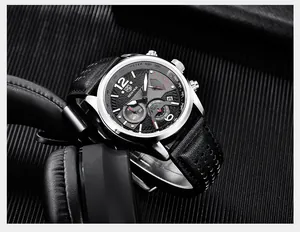 Detailaufnahme der Benyar 5171 Sportuhr mit schwarzem Lederarmband und Chronograph.