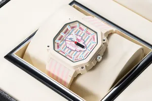 Orologio da donna trendy stile dopamina con strisce rosa in scatola regalo.