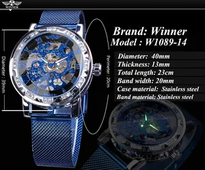 Spécifications détaillées de la montre mécanique squelette Winner avec effet lumineux et bracelet