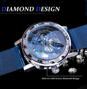 Macro view of Winner skeleton mechanical watch with blue mesh strap and diamond bezel