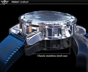 Detailed macro view of silver stainless steel watch case with rhinestones and mesh band