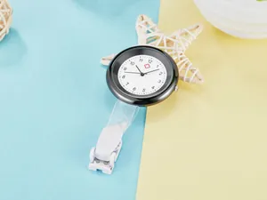 Professional black quartz nurse fob watch with medical cross dial and white clip
