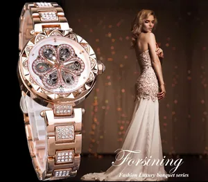 Forsining luxury women's automatic mechanical watch with rhinestone floral skeleton dial