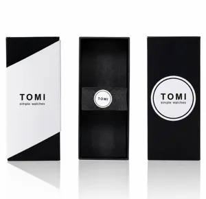 Caja de regalo de reloj minimalista en blanco y negro con logotipo de marca TOMI