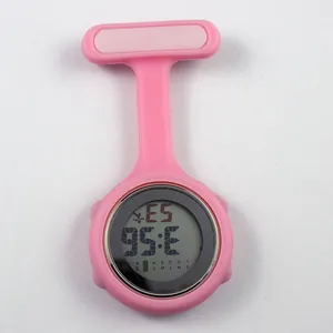 Detailed front view of a pink silicone digital nurse fob watch featuring a pin-on design