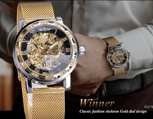 Detail view of Winner gold skeleton mechanical watch with mesh strap and crystal bezel