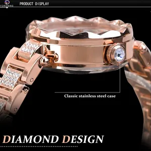 Close-up view of the rose gold stainless steel case and rhinestone-encrusted watch band.