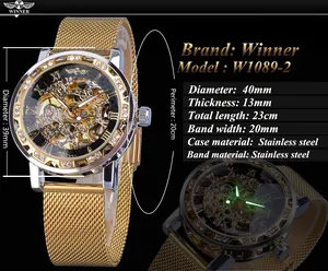 Spécifications de la montre squelette Winner dorée avec aiguilles lumineuses et maille