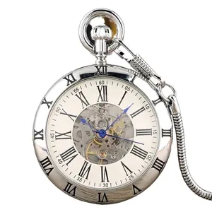 Montre à gousset mécanique vintage avec cadran squelette, chiffres romains et chaîne