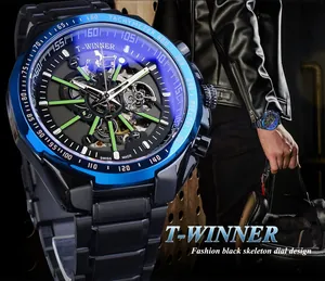 Primo piano dell'orologio automatico T-Winner da uomo con lunetta blu e quadrante scheletrato