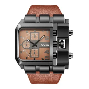 Reloj de cuarzo cuadrado de gran tamaño Oulm para hombre con correa de cuero marrón