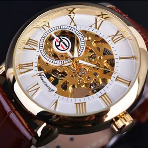 Orologio meccanico scheletrato Forsining da uomo con numeri romani e cinturino marrone.