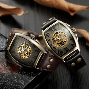 Detail of Shenghua skeleton mechanical watch with bronze case and rivet leather strap