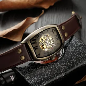 Detailed macro view of SHENHUA mechanical watch with skeletal dial and bronze finish