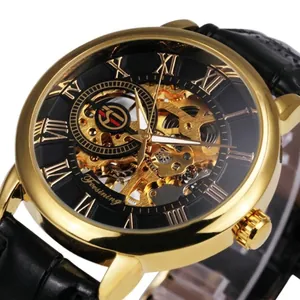 Orologio meccanico Forsining da uomo con cassa dorata e cinturino in pelle nera premium
