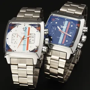 Vista detallada de relojes mecánicos cuadrados Jaragar con rayas de carreras y correas acero