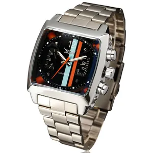 Vista detallada del reloj mecánico rectangular Jaragar con correa de acero inoxidable