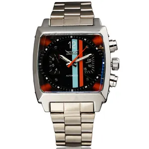 Vista detallada del reloj automático Jaragar para hombre con correa de acero inox.