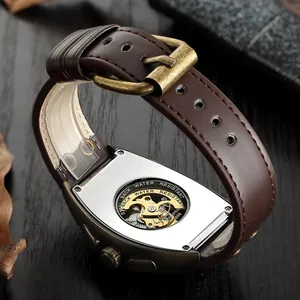 Men's retro bronze mechanical watch with brown leather rivet strap and skeleton back