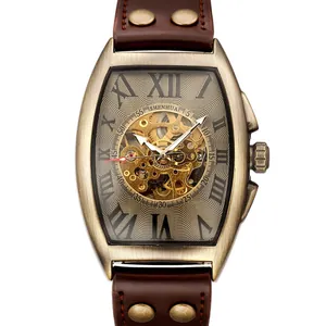 Men's bronze mechanical watch with tonneau skeleton dial and riveted leather strap